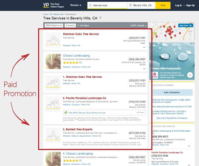 yellow pages top results are paid